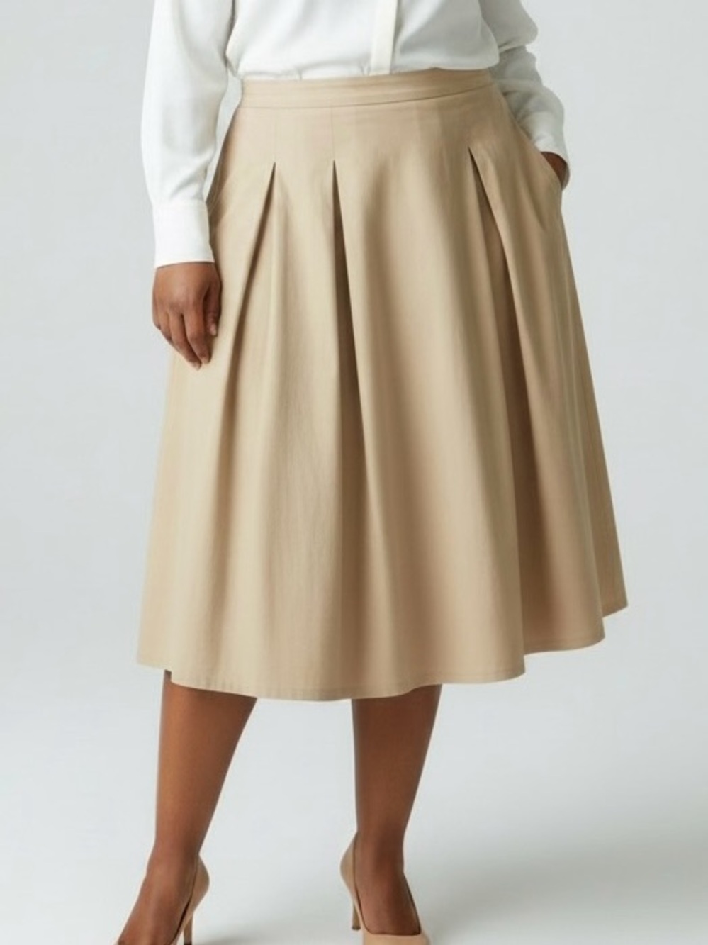 Talbots pleated Poplin A-line Cotton Midi Skirt Beige Plus size 16WP Neutral